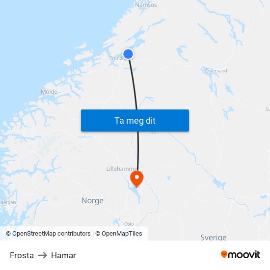 Frosta to Hamar map