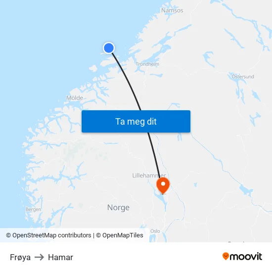 Frøya to Hamar map
