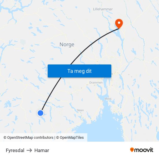 Fyresdal to Hamar map