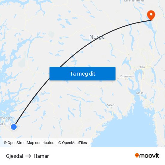 Gjesdal to Hamar map