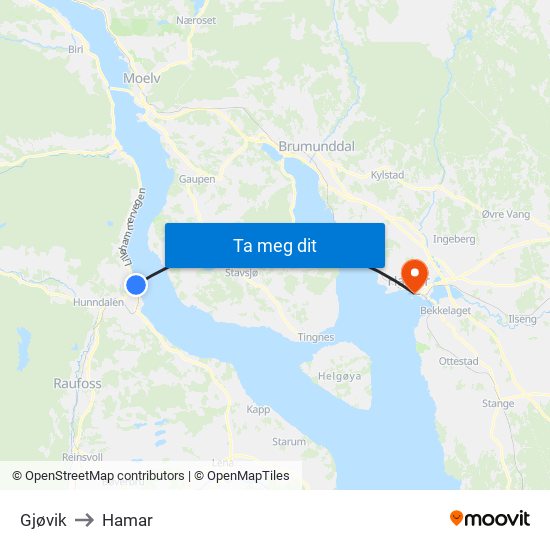 Gjøvik to Hamar map