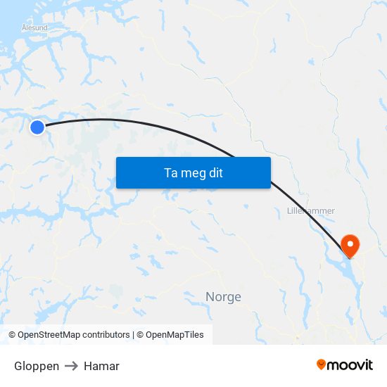 Gloppen to Hamar map