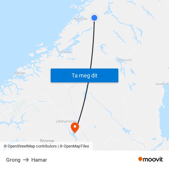 Grong to Hamar map