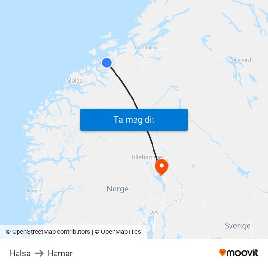Halsa to Hamar map