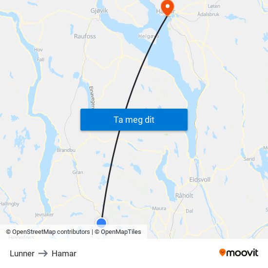 Lunner to Hamar map