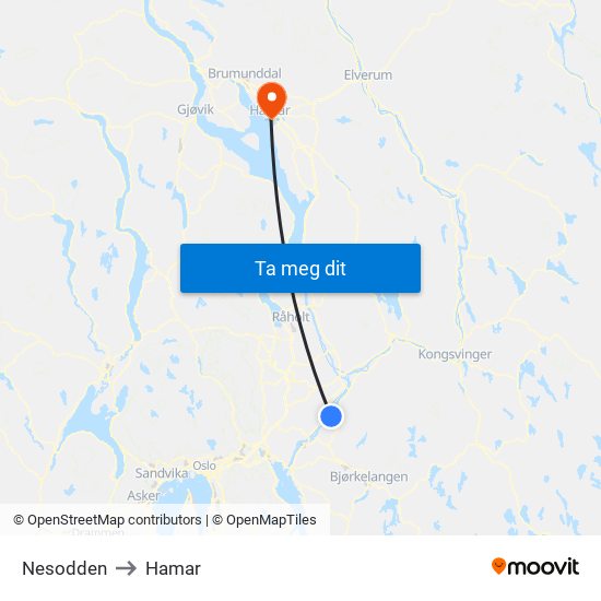 Nesodden to Hamar map