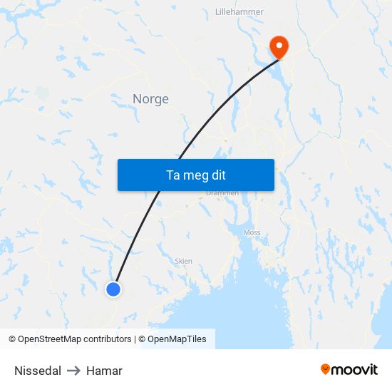 Nissedal to Hamar map