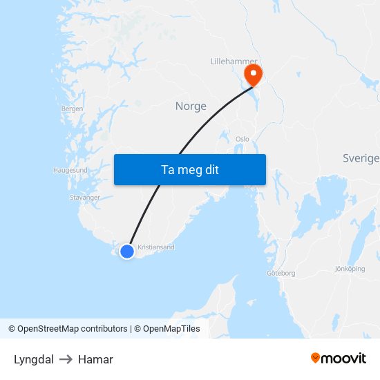 Lyngdal to Hamar map