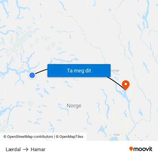 Lærdal to Hamar map