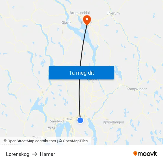 Lørenskog to Hamar map