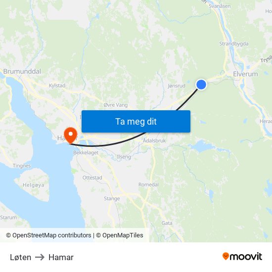 Løten to Hamar map