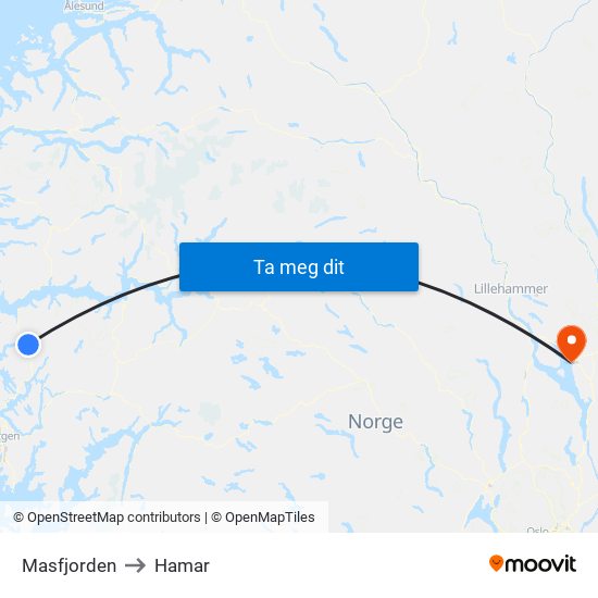 Masfjorden to Hamar map