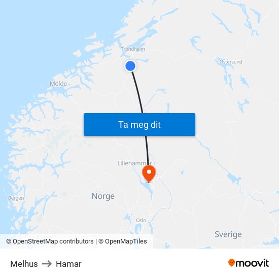Melhus to Hamar map