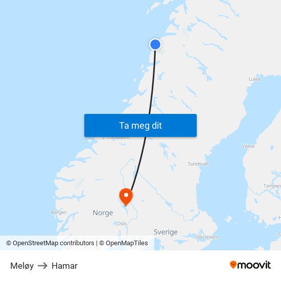 Meløy to Hamar map