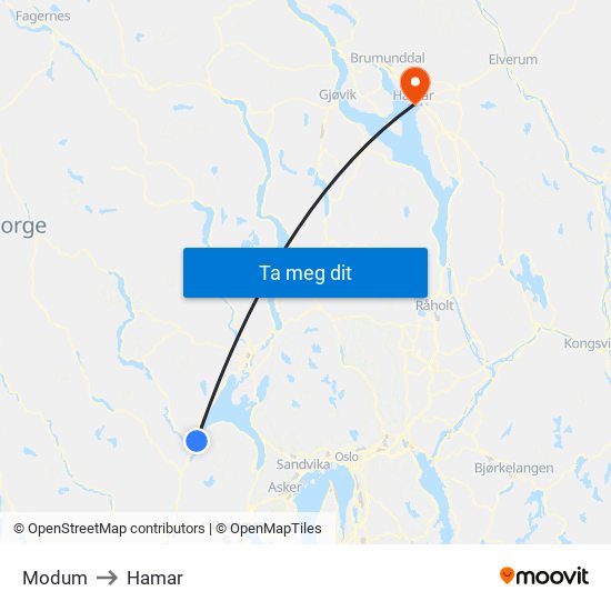 Modum to Hamar map