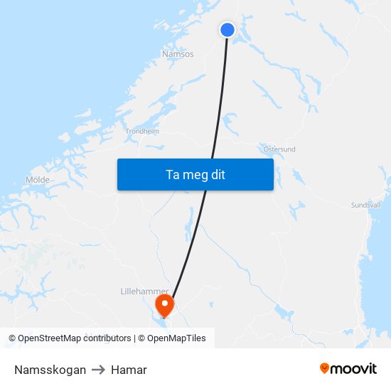 Namsskogan to Hamar map