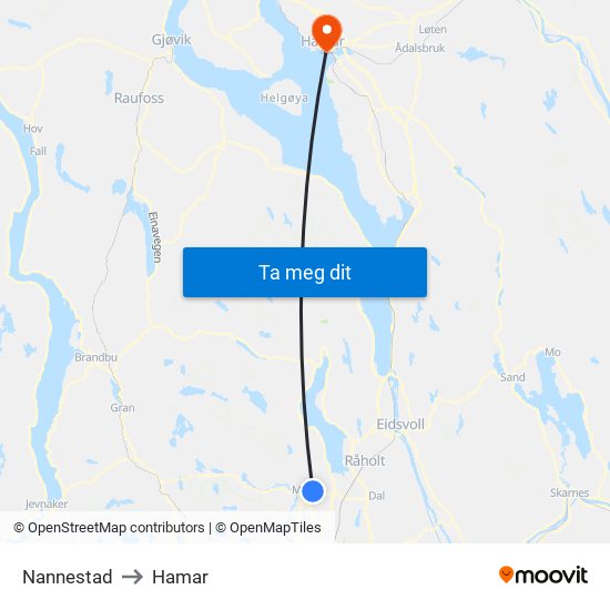 Nannestad to Hamar map