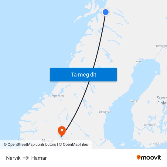 Narvik to Hamar map