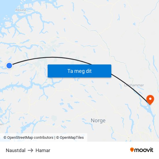 Naustdal to Hamar map