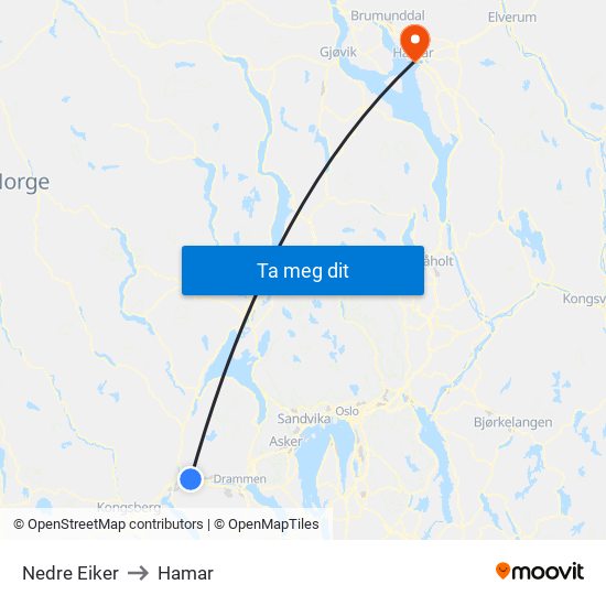 Nedre Eiker to Hamar map