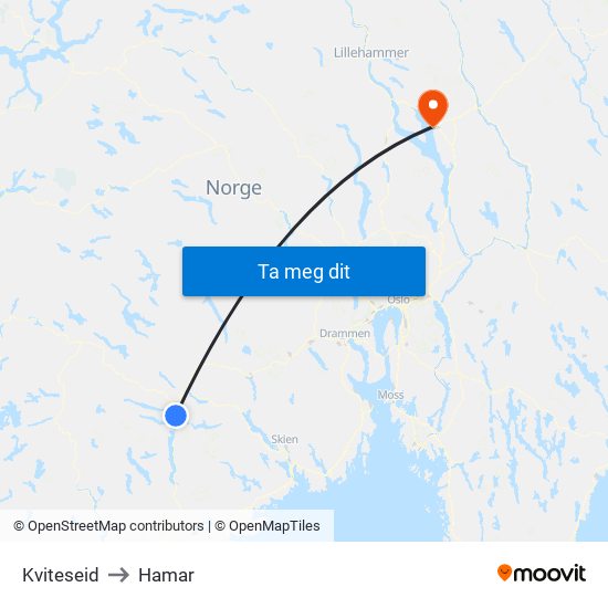 Kviteseid to Hamar map