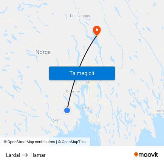 Lardal to Hamar map