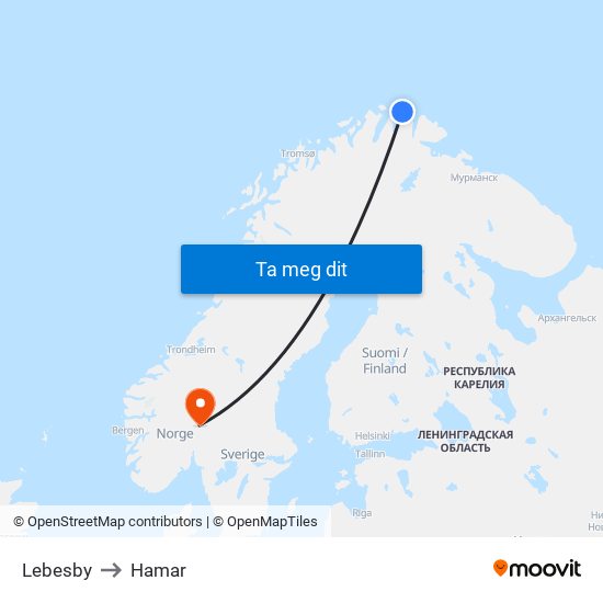 Lebesby to Hamar map
