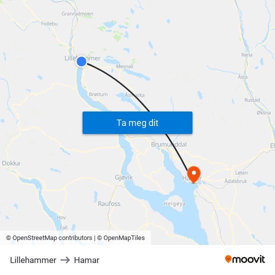 Lillehammer to Hamar map