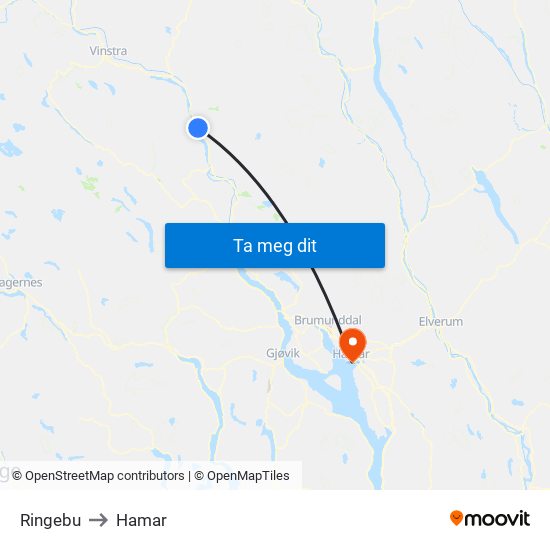 Ringebu to Hamar map
