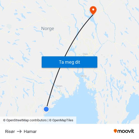 Risør to Hamar map