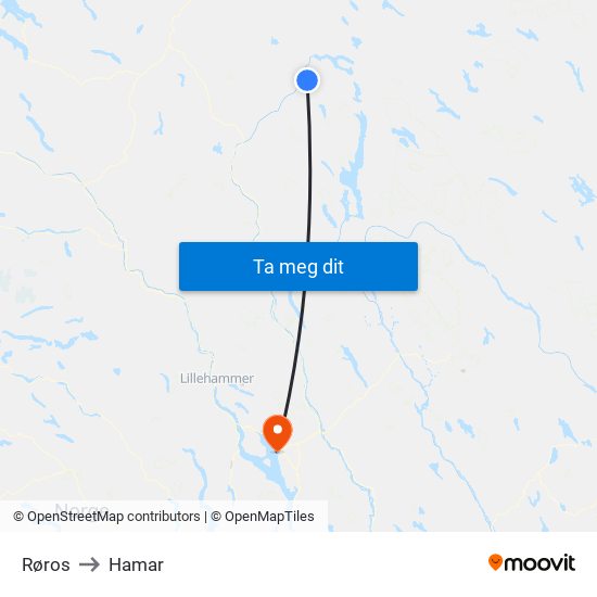 Røros to Hamar map