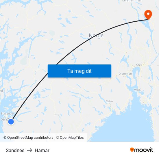 Sandnes to Hamar map