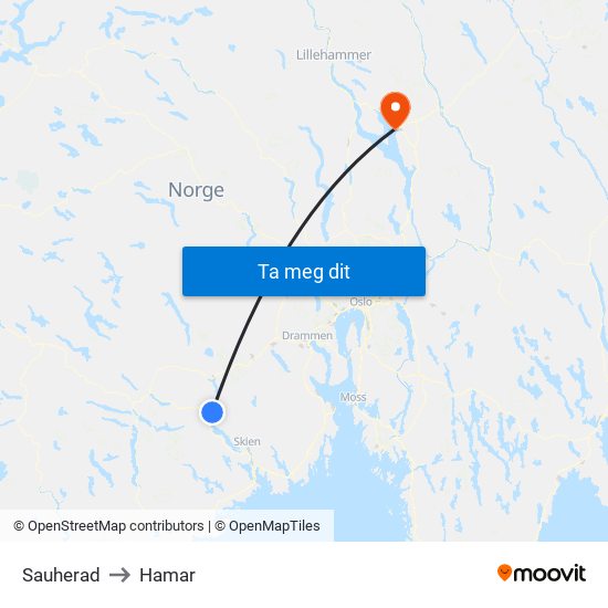 Sauherad to Hamar map