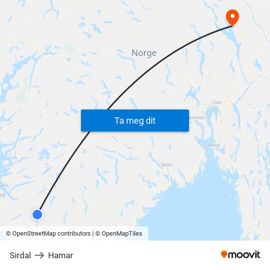 Sirdal to Hamar map