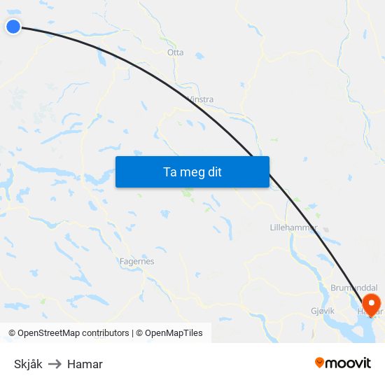 Skjåk to Hamar map