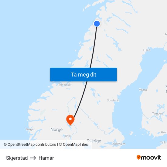 Skjerstad to Hamar map