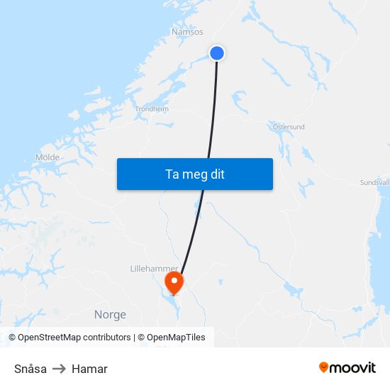 Snåsa to Hamar map