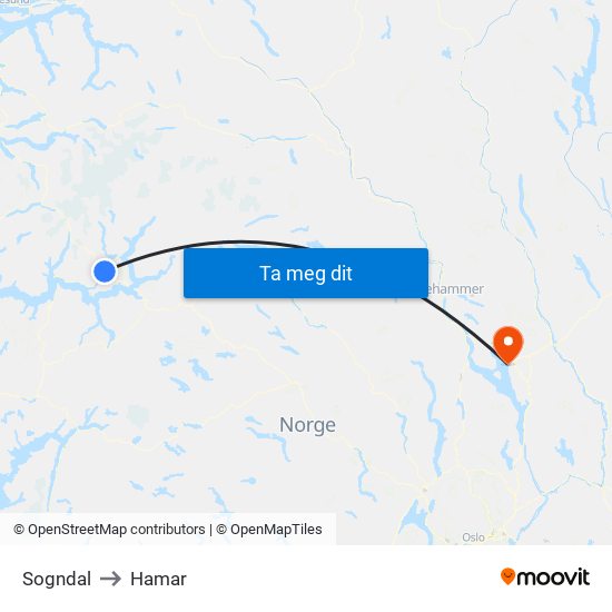 Sogndal to Hamar map