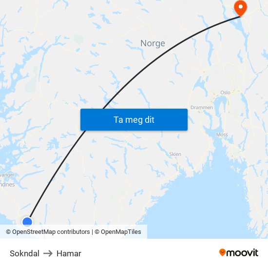 Sokndal to Hamar map