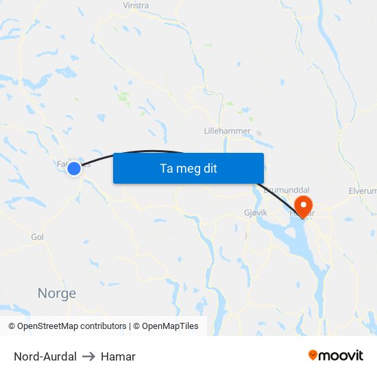 Nord-Aurdal to Hamar map