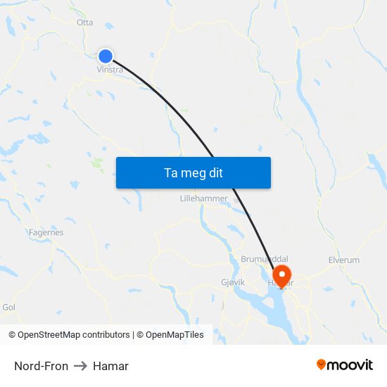 Nord-Fron to Hamar map