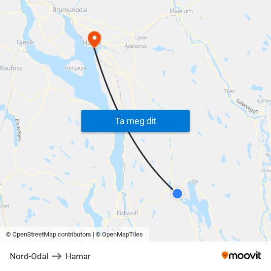 Nord-Odal to Hamar map