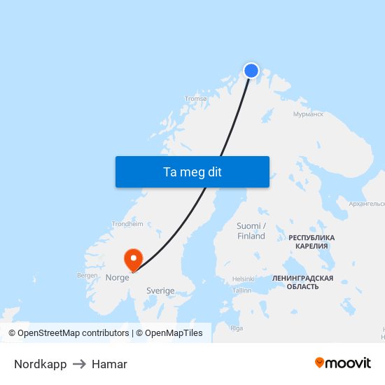 Nordkapp to Hamar map