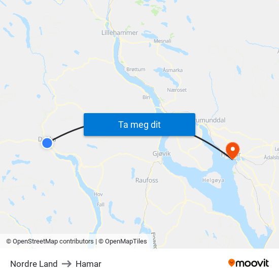 Nordre Land to Hamar map