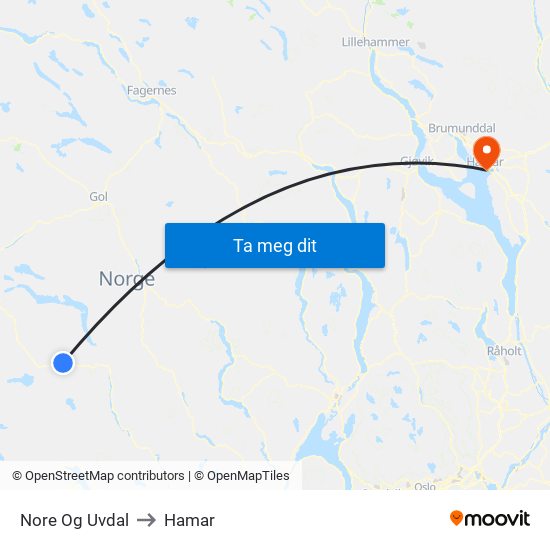 Nore Og Uvdal to Hamar map