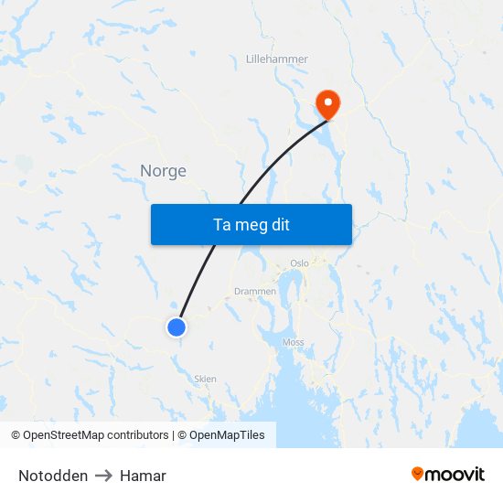 Notodden to Hamar map