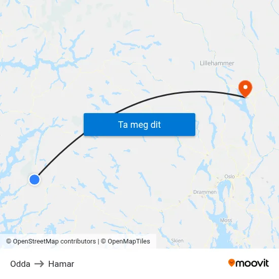 Odda to Hamar map