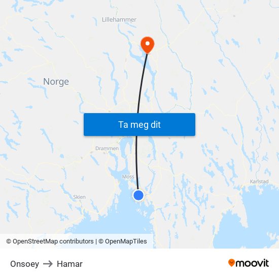 Onsoey to Hamar map