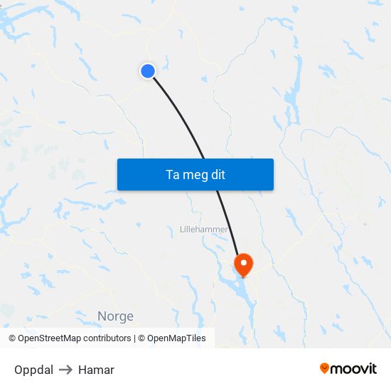 Oppdal to Hamar map