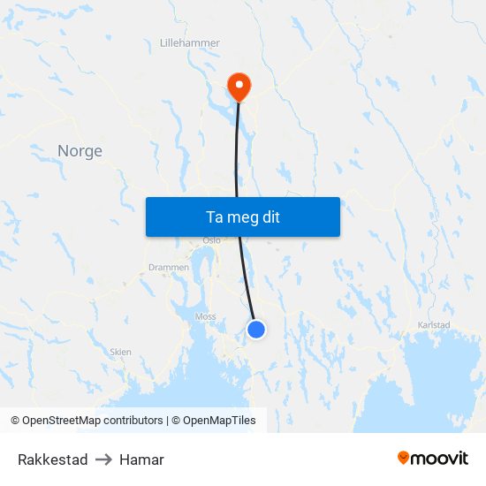 Rakkestad to Hamar map